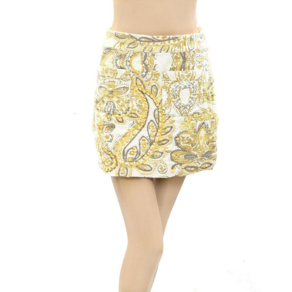 Berenice Jibia Yellow Cotton Mini Skirt Embroidered Pull-on Paisley S New